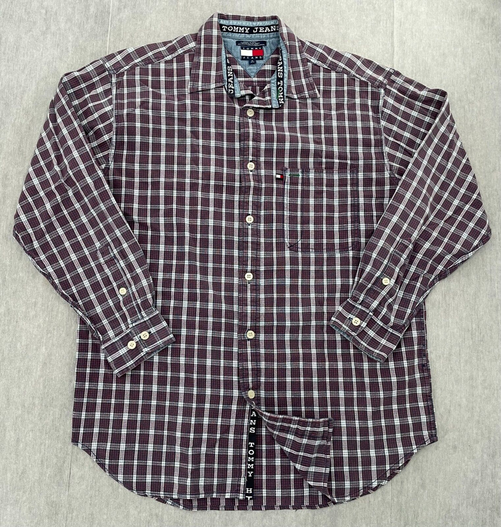 VINTAGE Tommy Hilfiger Shirt Adult Medium Red Blue Plaid Flannel Spell Out Mens